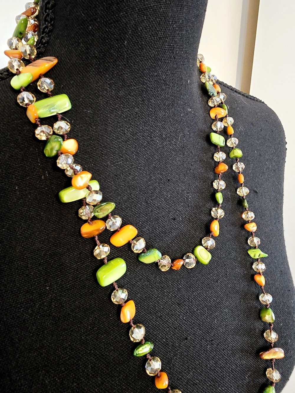 Boho Multicolor Beaded Necklace Long Layered Green Orange Stone